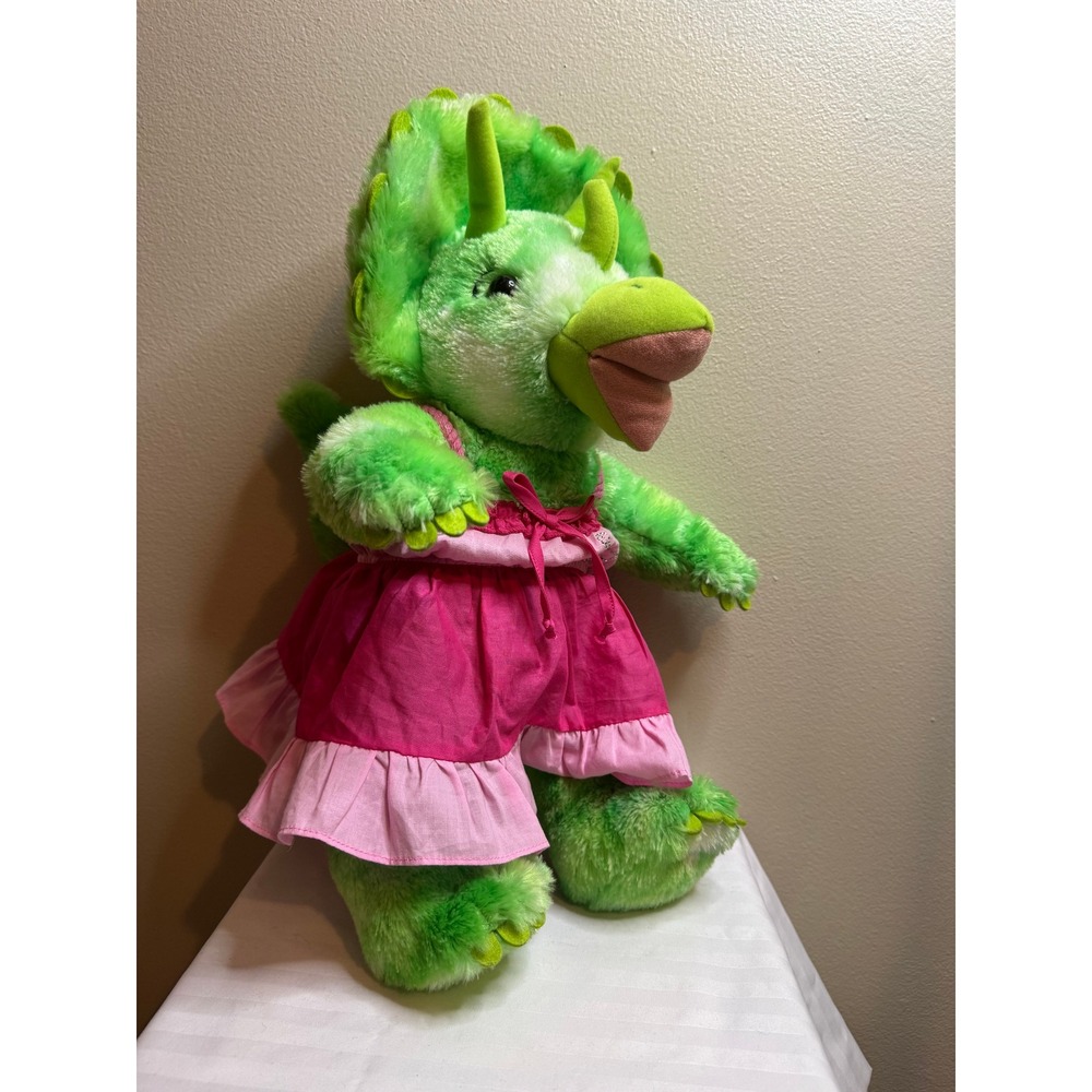 Build-A-Bear Workshop Green Triceratops Dinosaur Plush with Pink Dress 16in